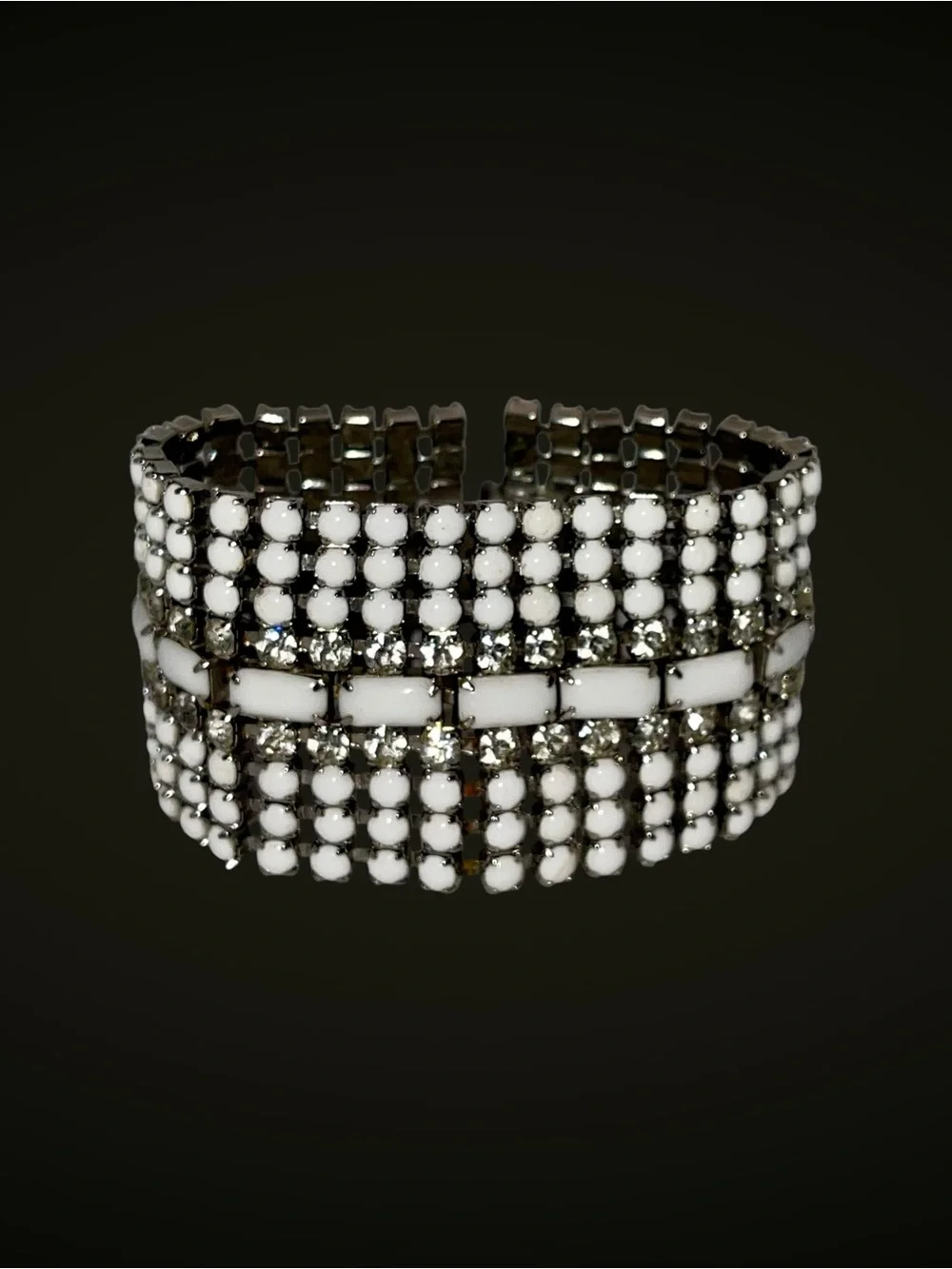 Stunning Vintage MidCentury Milk Glass and Rhinestone Statement Bracelet Estate